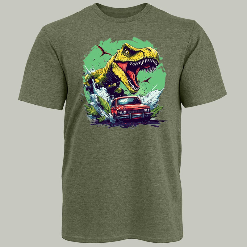 A roaring dinosaur chasing a car